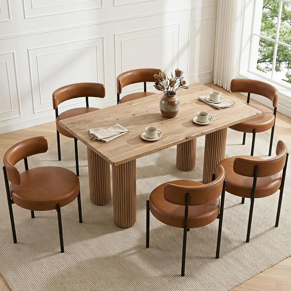 Faux Leather Dining Chairs Set of 4, Mid Century Modern, Brown