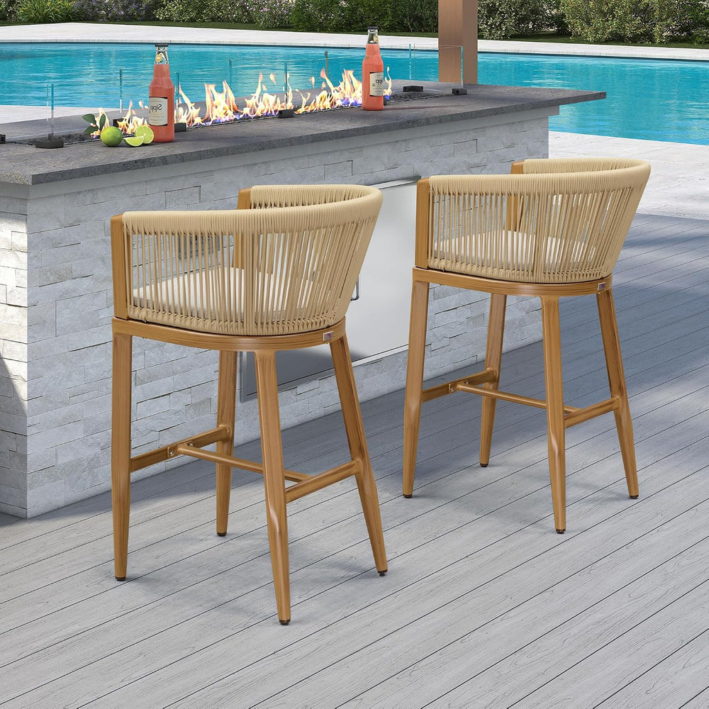 PURPLE LEAF 4 PCS Outdoor Height Bar Stools Rattan with Cushion, Teak