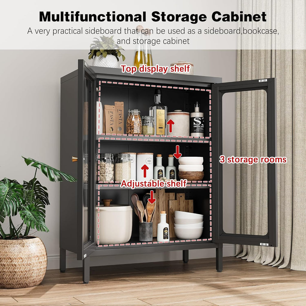 Bevivog Small Display Cabinet with Glass Doors Metal Floor Cabinet