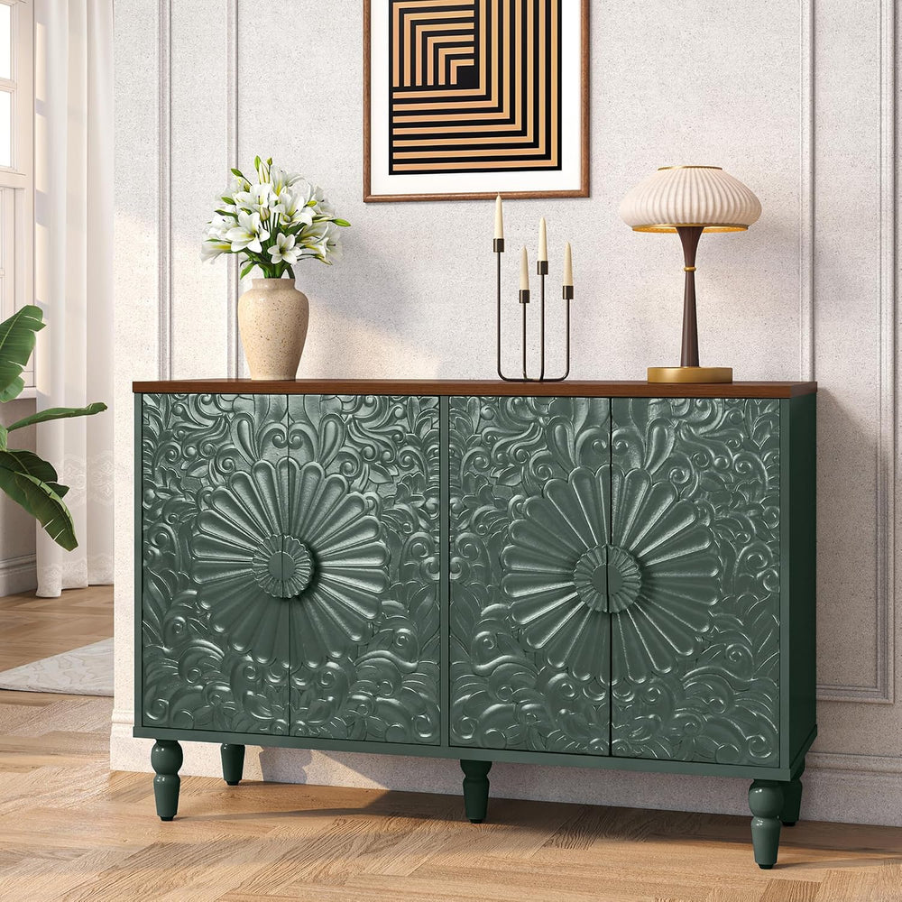 Accent Cabinet with 4 Vintage Carved Flower Doors, Green