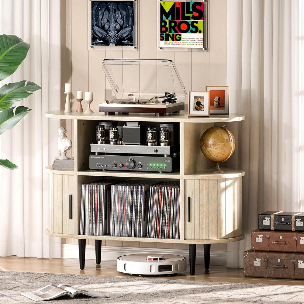 Large Record Player Stand with Storage and Shelves, Natural
