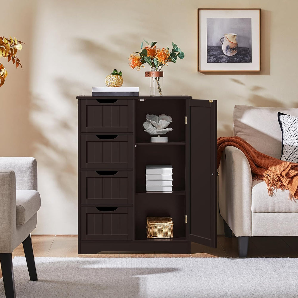 Yaheetech Bathroom Storage Cabinet with 4 Drawers and Door, Espresso