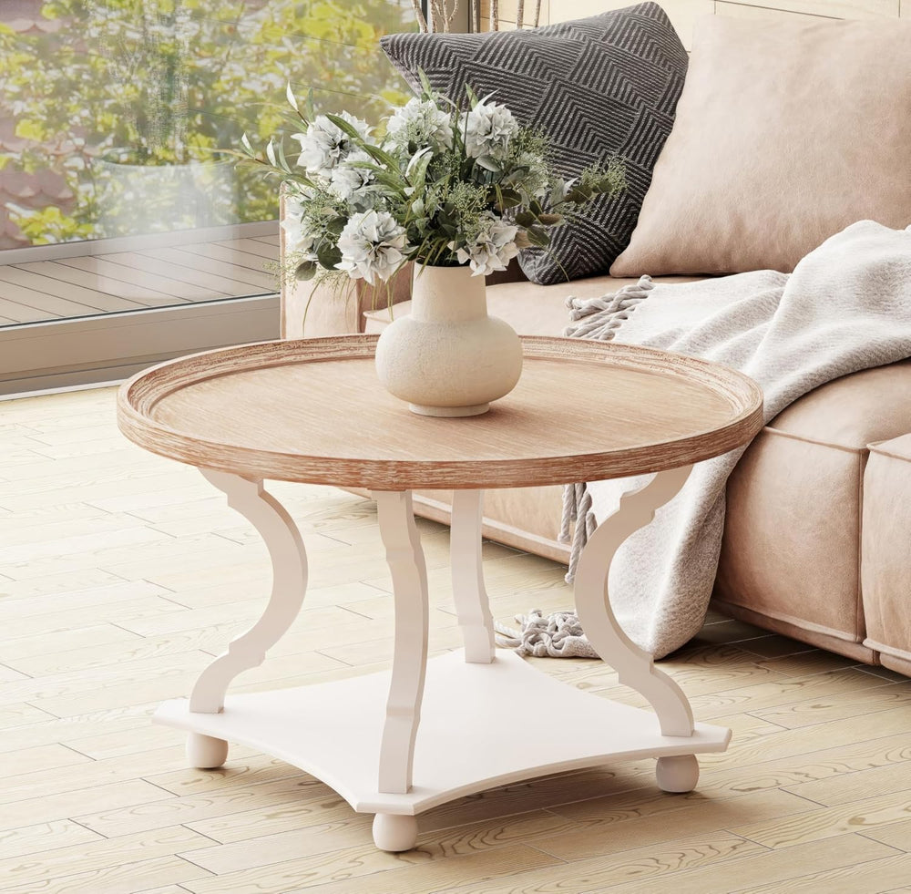 COZAYH Coffee Table - Round Farmhouse Coffee Table - Wood Tray Top, White