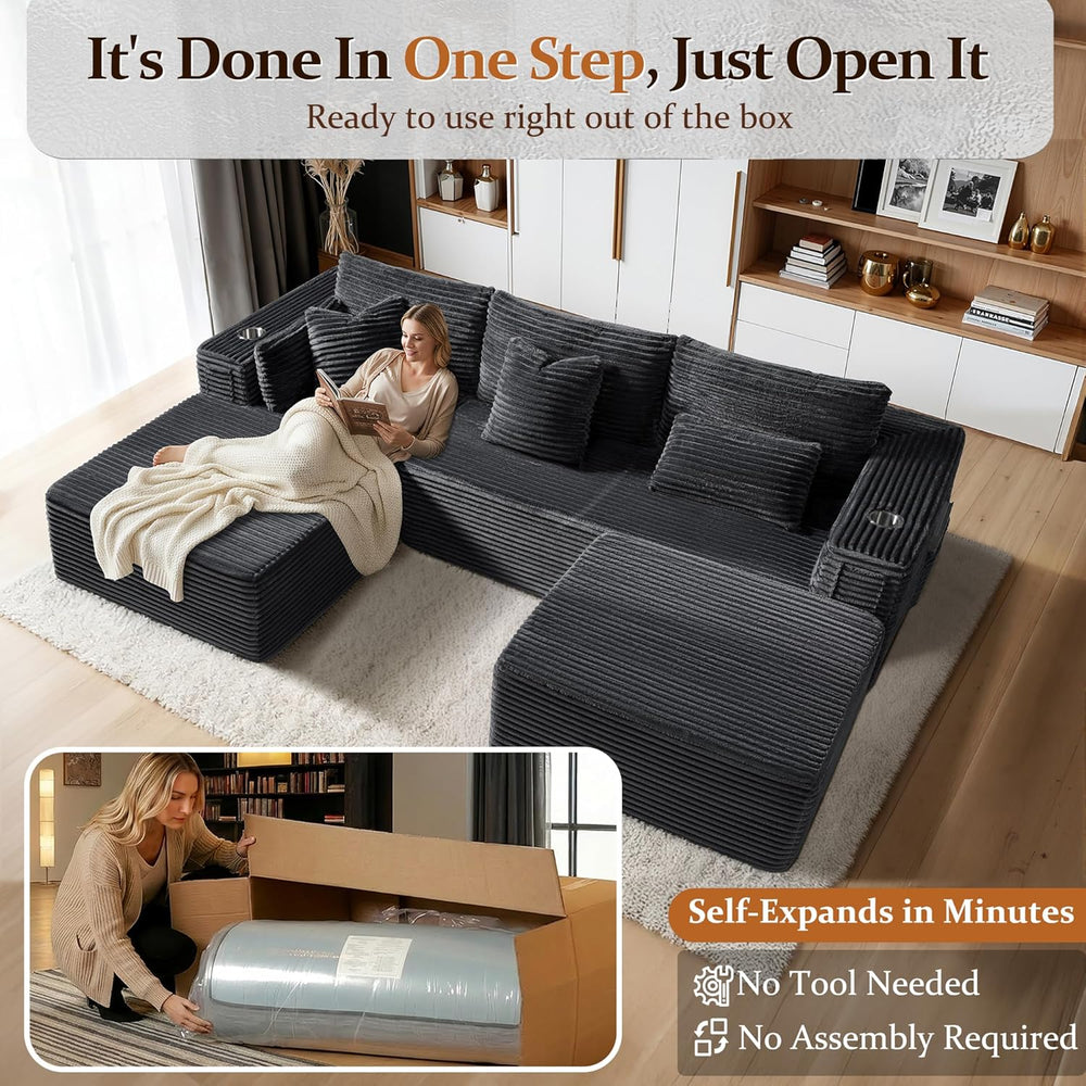 108" Oversized Cloud Sectional Couch, Comfort U Shaped Boneless Couch fo...