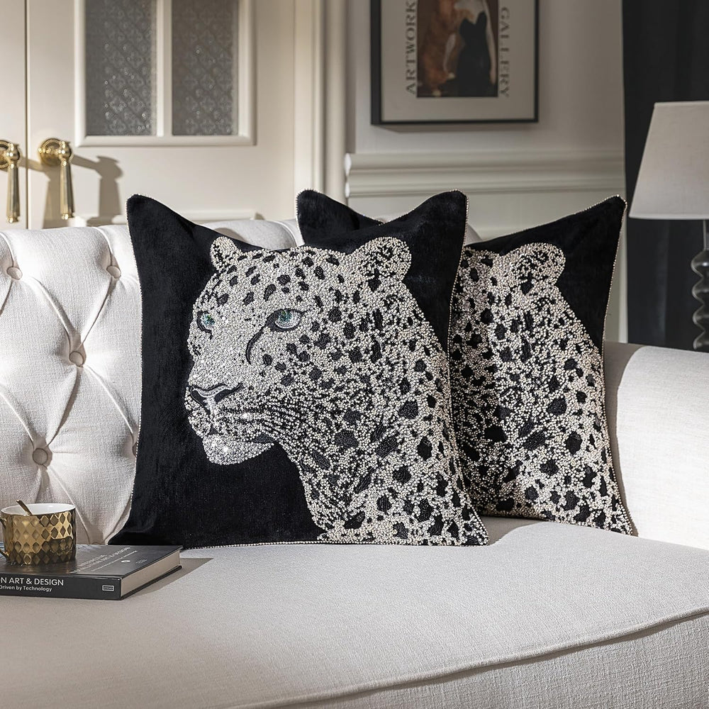 Luxury Embroidered Leopard Throw Pillow Cover 20x20 inch, 1 Piece
