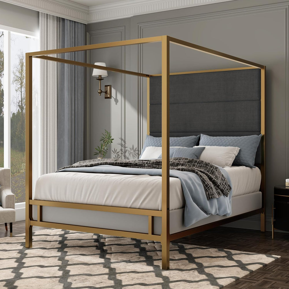 Merax King Canopy Bed Frame with Tall Linen Headboard, Metal 4 Poster Bed