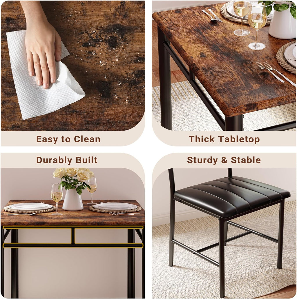 IRONCK Dining Table Set for 2, Rustic Brown | Small Kitchen Table with Upholstered Chairs, Compact Dining Set for Small Spaces, Kitchen & Dining Room