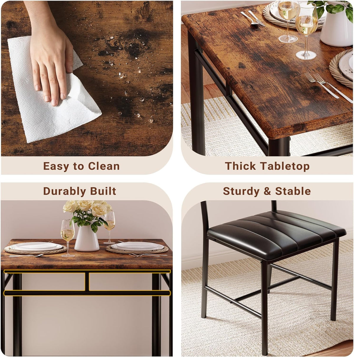 IRONCK Dining Table Set for 2, Rustic Brown | Small Kitchen Table with Upholstered Chairs, Compact Dining Set for Small Spaces, Kitchen & Dining Room