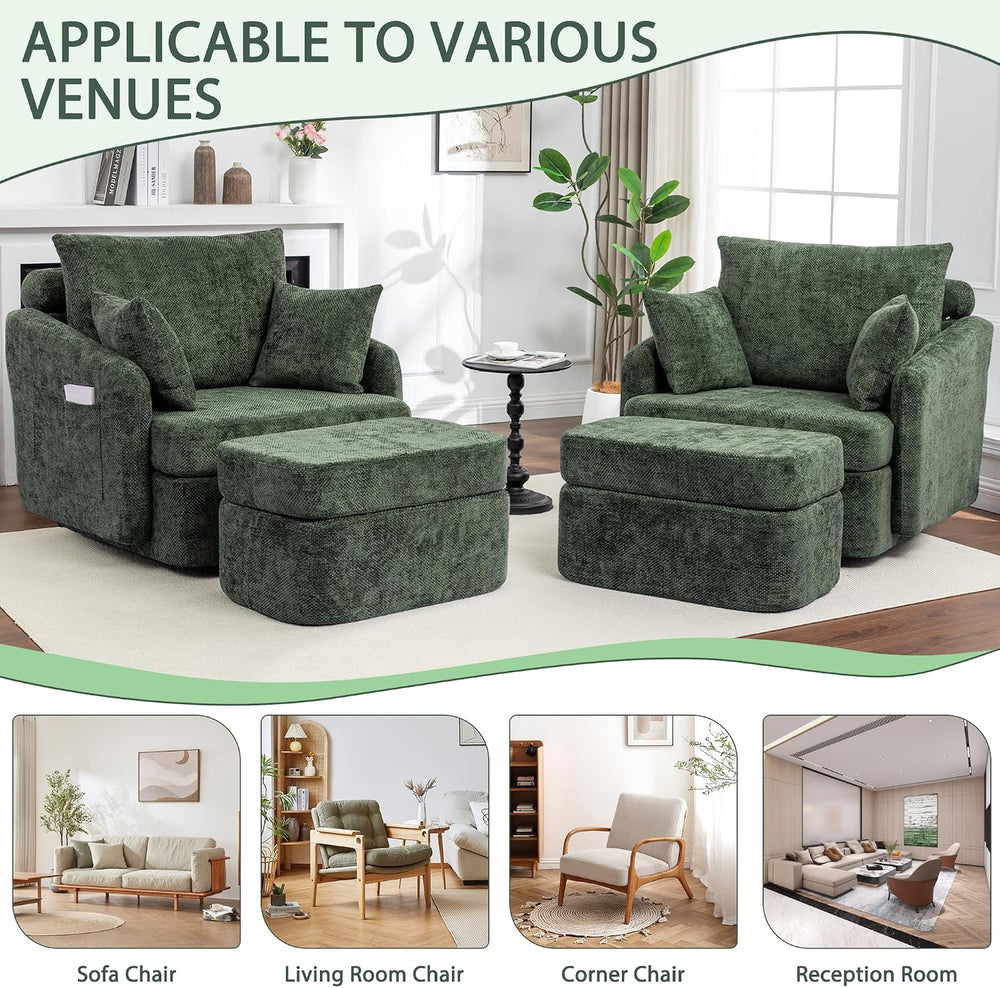 Swivel 39" Accent Chair with Ottoman & Pillows (Chenille Green)