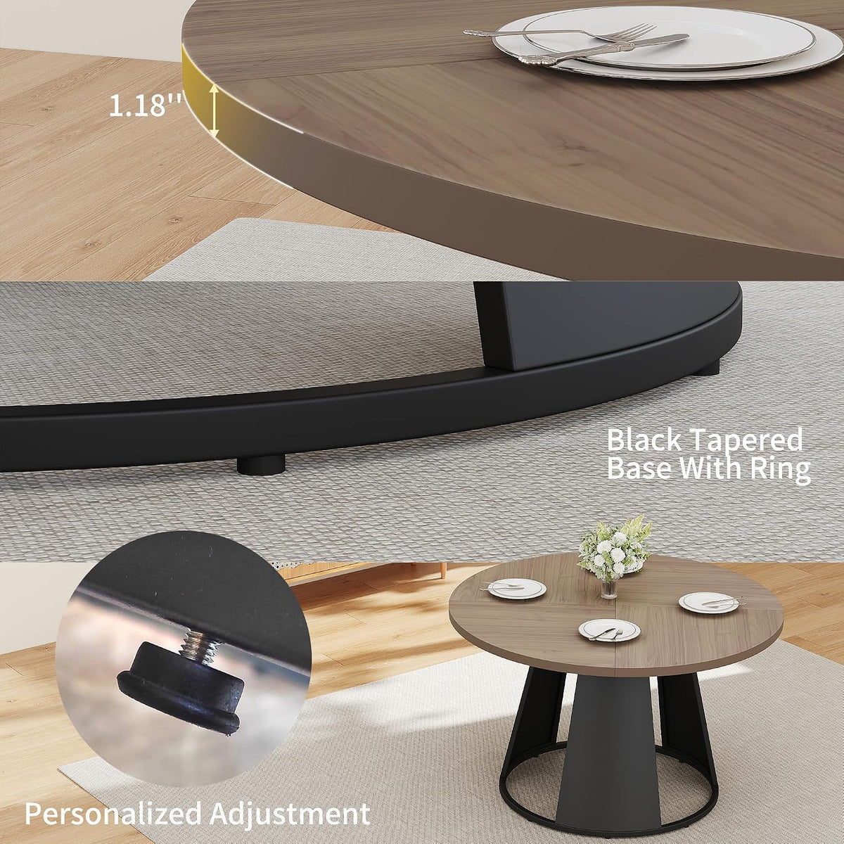 hipihom 47.2" round dining table set for 4 showing dimensions