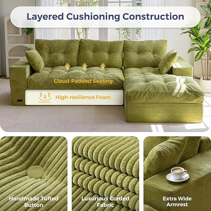 MAXYOYO 104" L Shaped Modular Sectional Sofa with Ottoman, Cloud Couch with Layered Cushion, Upholstered Sofa in a Box, Flexible Module Combination for Living Room, No Assembly, Green