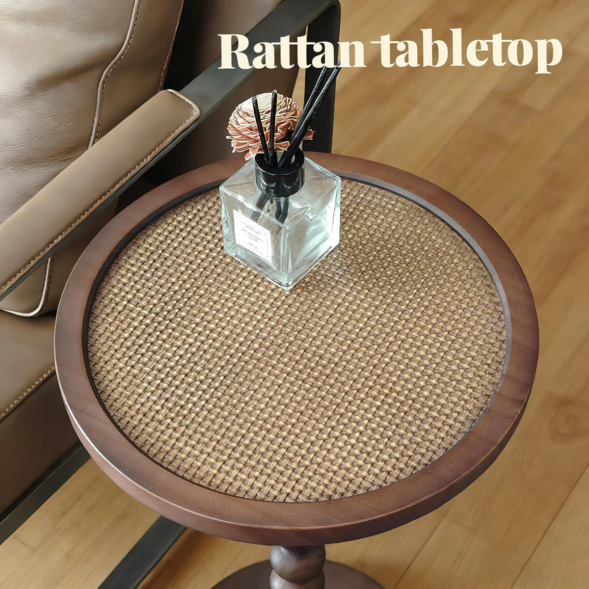 COVLON Solid Wood Drink Table, Small Pedestal Side Table for Small Spaces, Rattan Accent End Table Nightstand with Bread Leg for Living Room, Bedroom, Corners, and Office, Brown