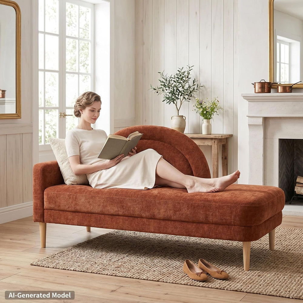 62.2" Linen Chaise Lounge Chair Indoor with Right Armres, Ocher Orange