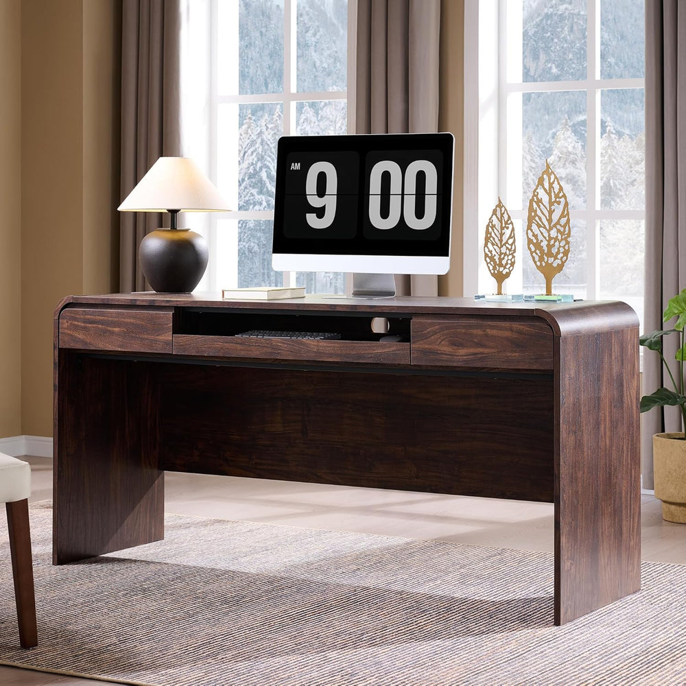63" Modern Computer Desk with 2 Drawers, Wood Curved (Brown)