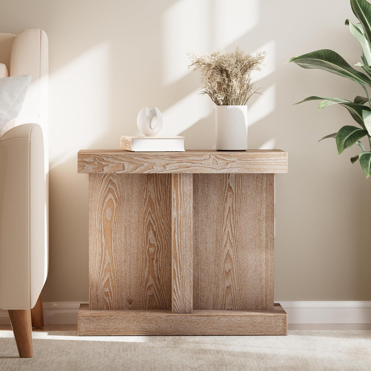 COZAYH Farmhouse Wood End Table with Open Base Shelf, Modern Minimalist Rectangular Side Table Plant Stand for Living Room, Bedroom, Natural Grain Finish