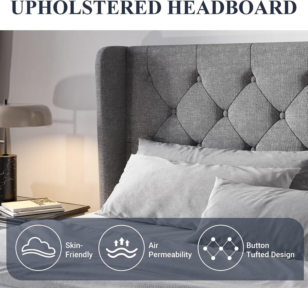 Allewie Full Bed Frame with Button Tufted Wingback Headboard, Light Grey