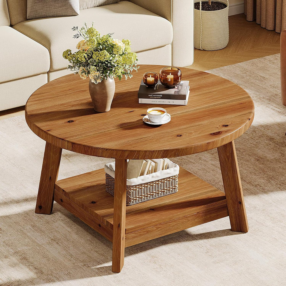 Solid Wood Round Coffee Table for Living Room, 31.5” Farmhouse Wooden 2-Tier ...
