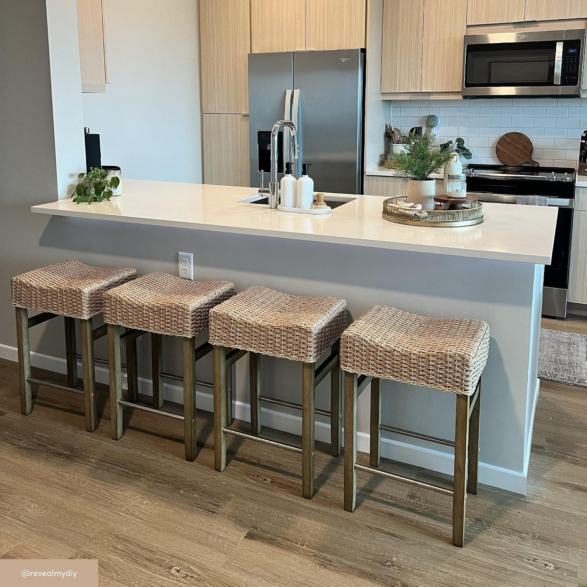 Nathan James Harvey Rattan Bar Stool, Bohemian Counter Height Stool with Woven Seagrass Seat, Solid Wood Legs, and Metal Footrest Seagrass/Brushed Gray, Set of 4