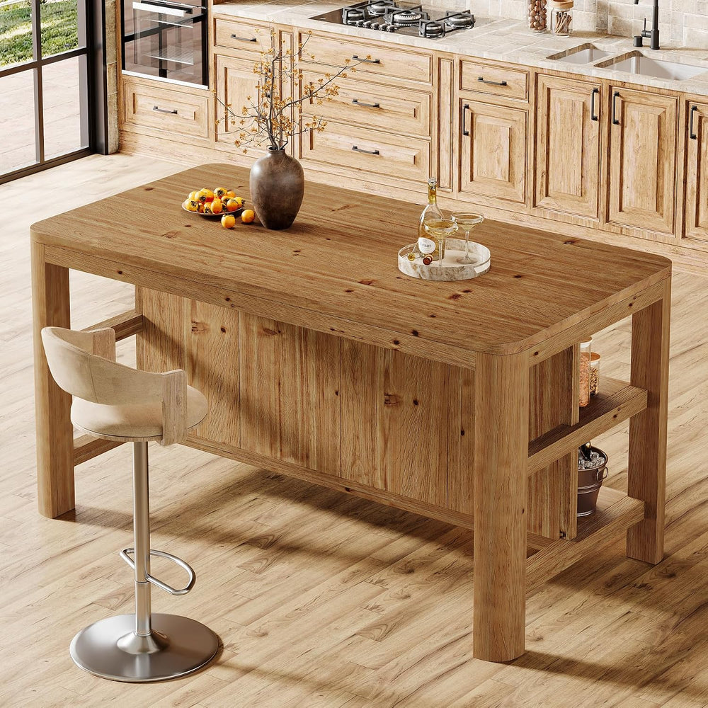 63" Solid Wood Kitchen Island, Kitchen Table with Storage Shelves