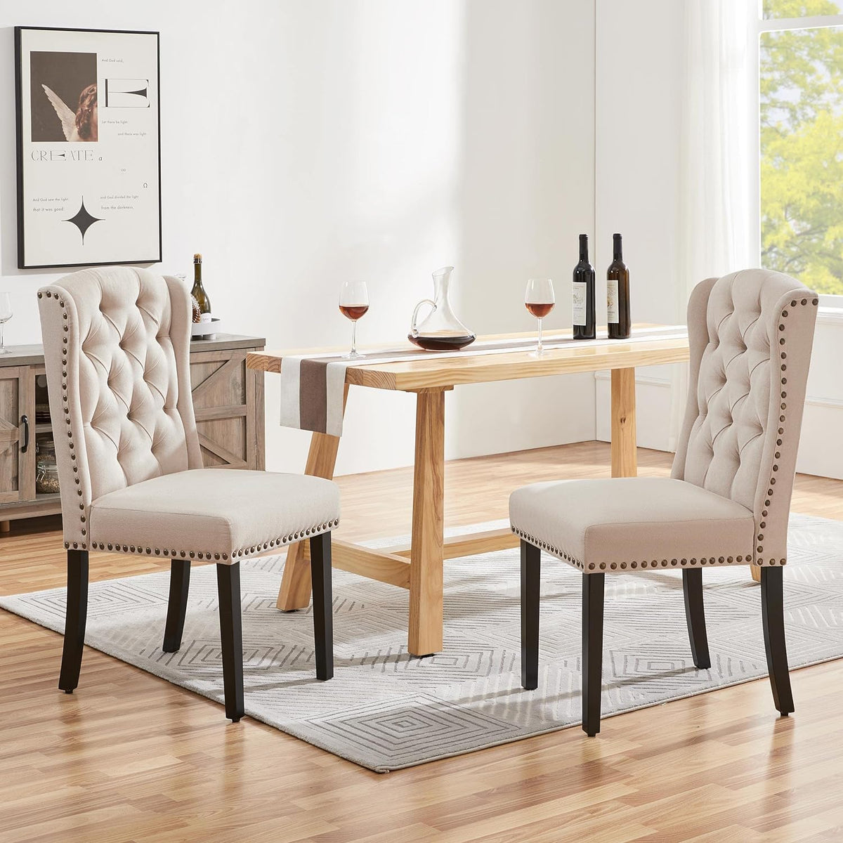 Yaheetech Upholstered Dining Chairs Set of 2 Button Tufted Chairs Beige