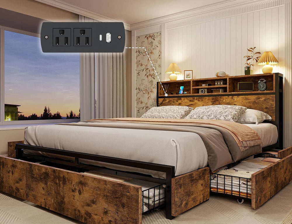 EnHomee Queen Bed Frame with 6 Storage Drawers, Charge Station,Noise-Free