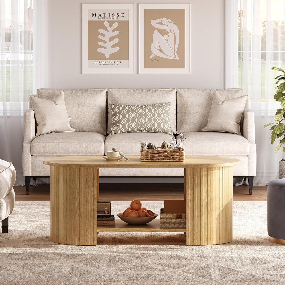 42" Oval Fluted Coffee Table, 2-Tier Center Table with Large Storage, Mi...