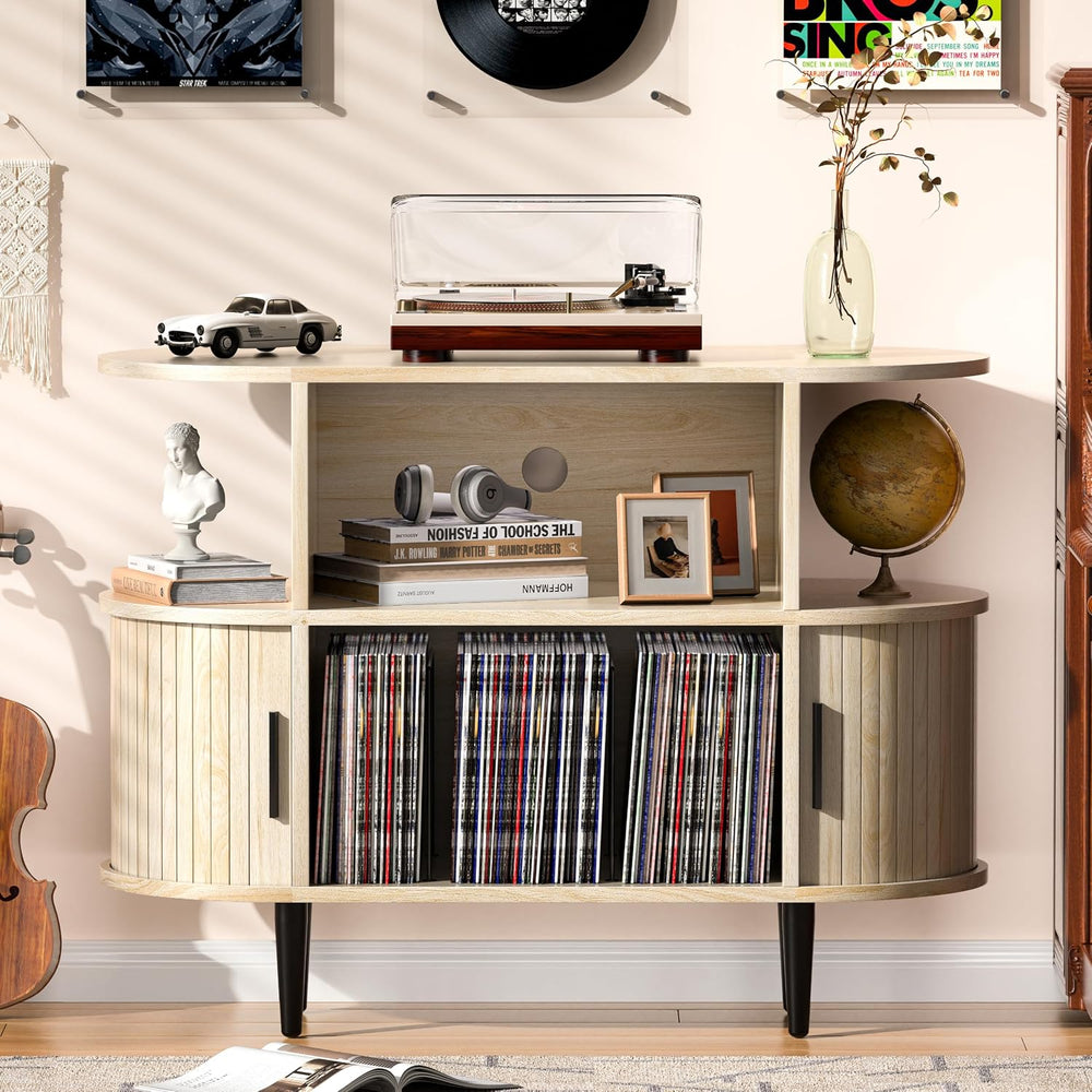 Large Record Player Stand with Storage and Shelves, Natural