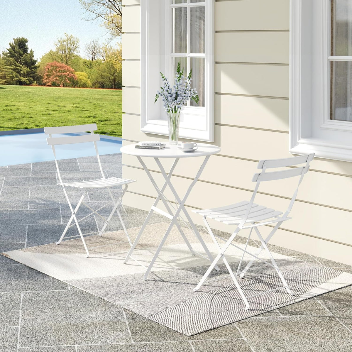 Bistro Table and Chairs Set of 2, 3 Piece Folding Patio Bistro Set, White
