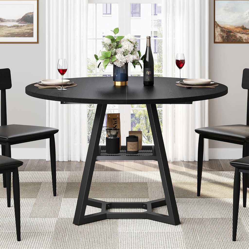 knoworld Round Dining Table for 4, Kitchen Tables Dining Room Circle Dinner Table with Pedestal Metal Frame, Space Saving Wood Industrial Kitchen & Dining Room Tables (Black, 43In)