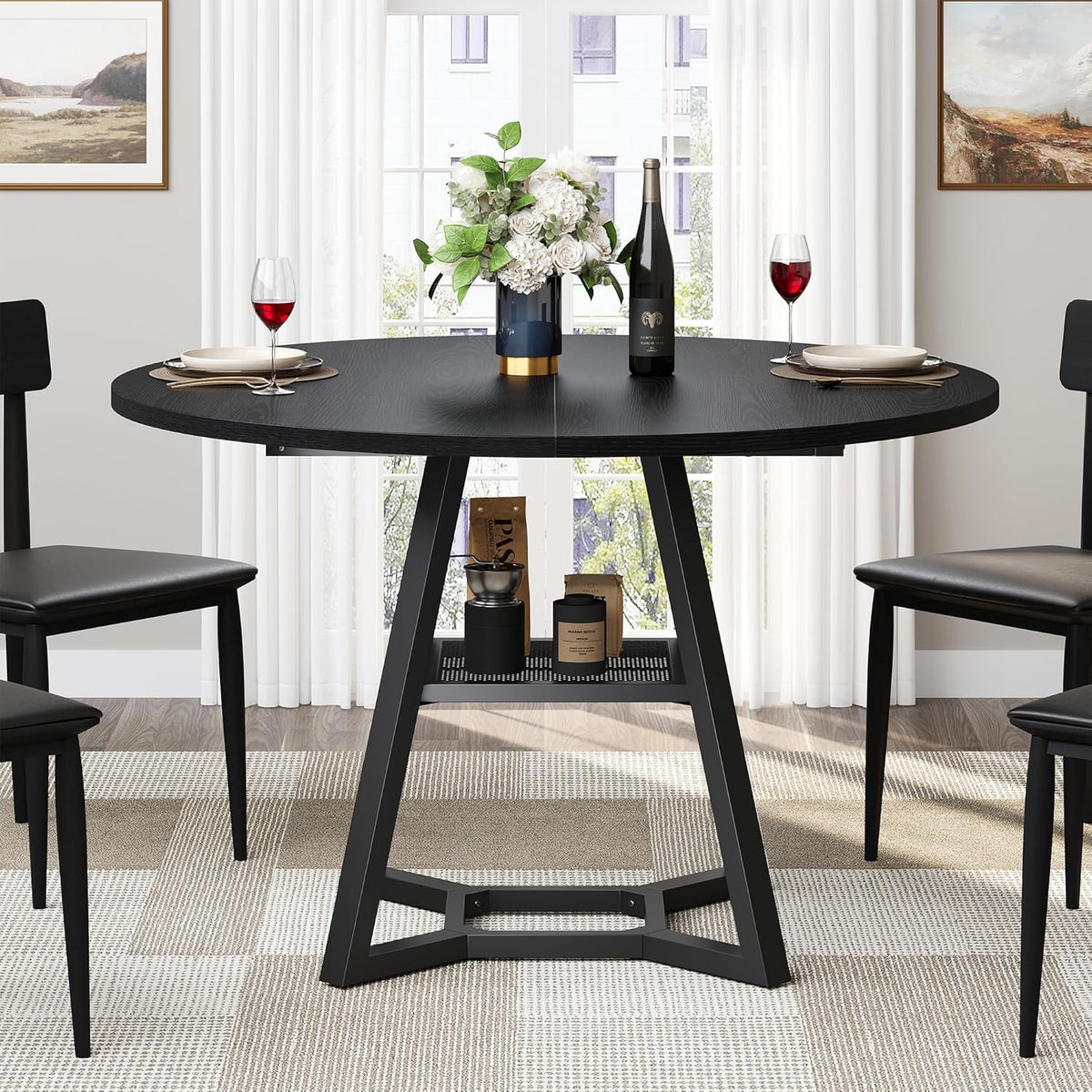 knoworld Round Dining Table for 4, Kitchen Tables Dining Room Circle Dinner Table with Pedestal Metal Frame, Space Saving Wood Industrial Kitchen & Dining Room Tables (Black, 43In)