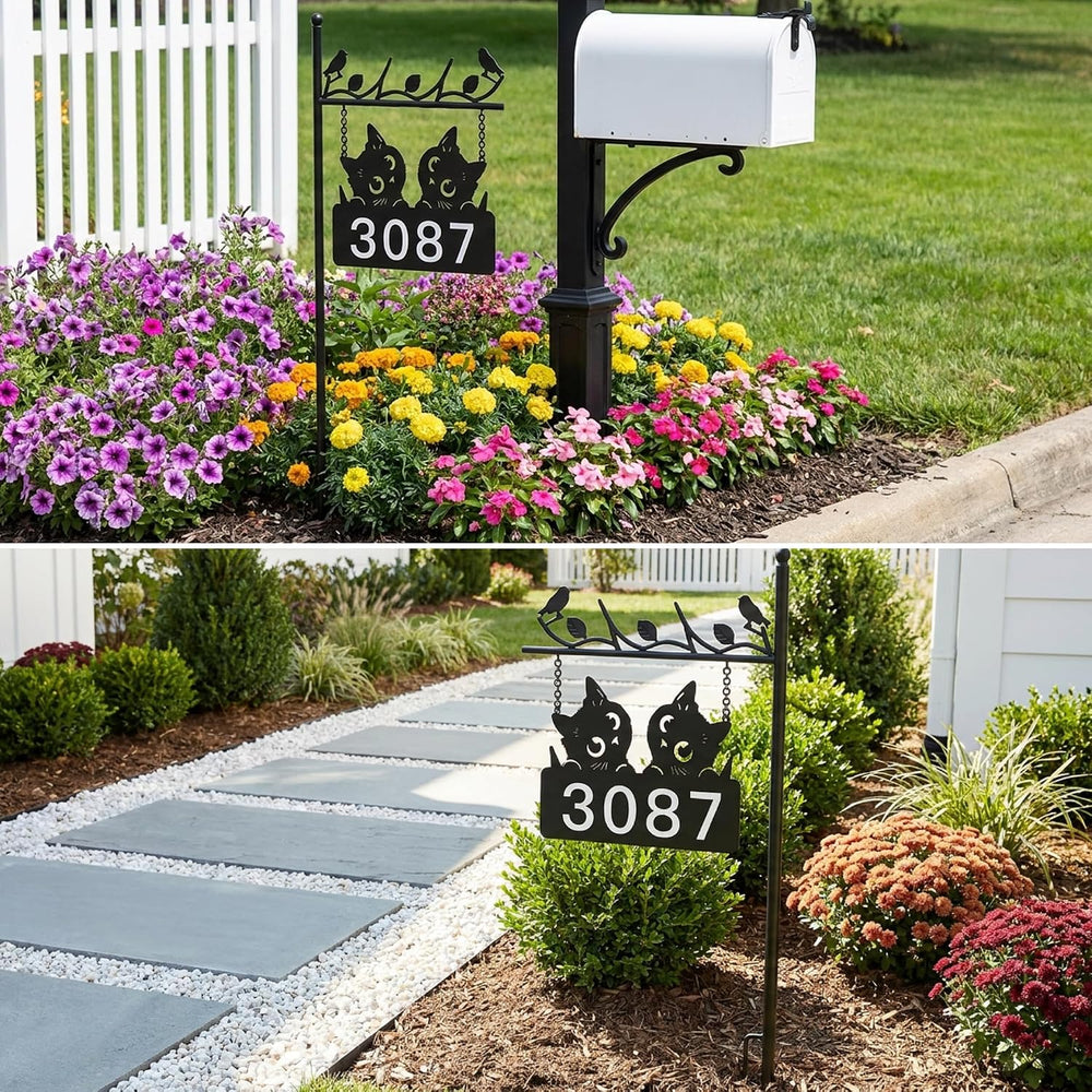 Metal Cat Address Sign, Home Numbers Plaque, Address Post Sign Double-Sided