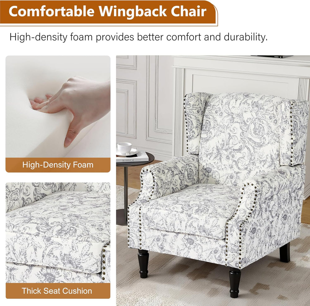 Floral Wingback Accent Chair, High Back Armchair, Rococo Light Gray