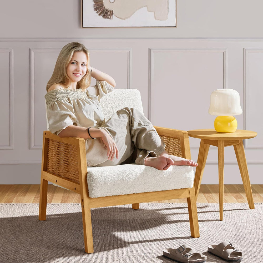 Yaheetech Rattan Accent Chair, Boho Vintage Armchair, Ivory