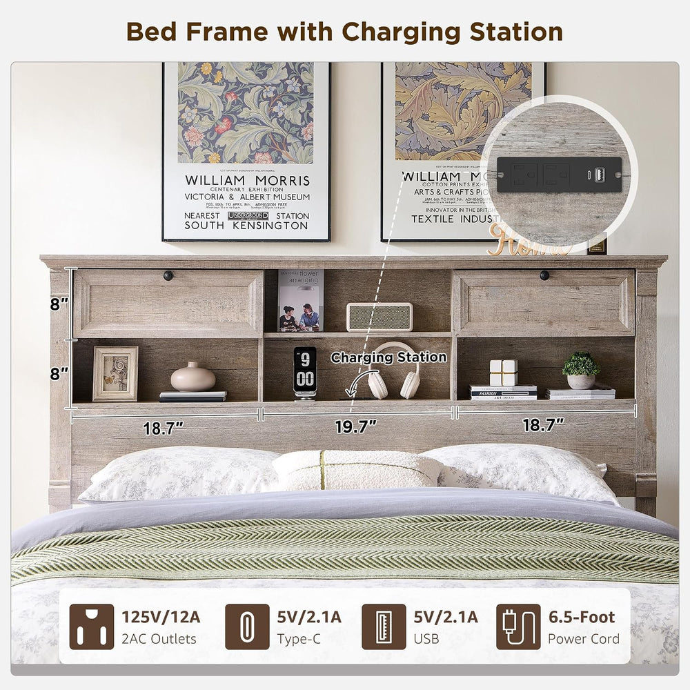 Queen Size Bed Frame 2 Drawer & 4 Storage Rack Headboard Charging Station