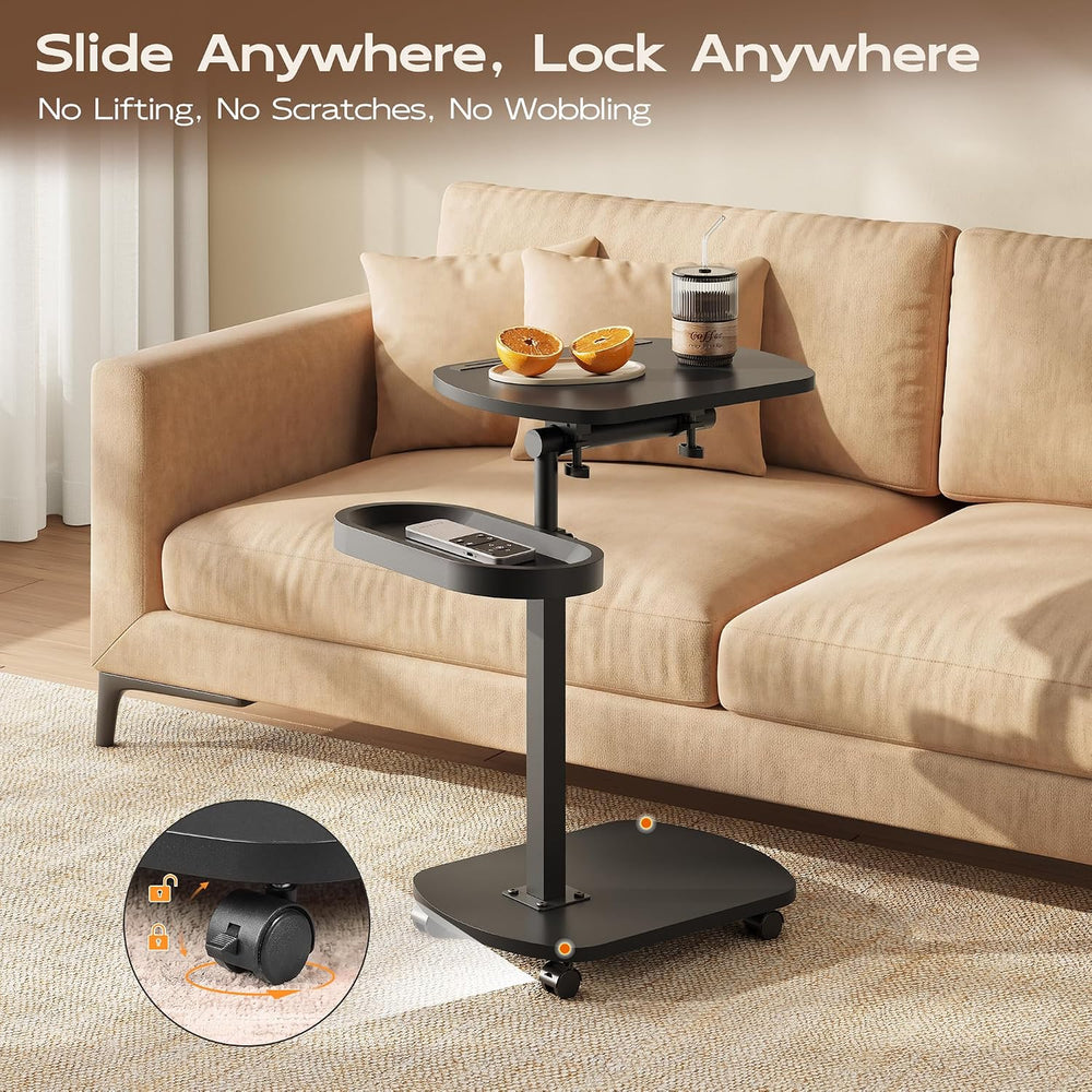 WLIVE C Shaped End Table Adjustable Height 360 Swivel TV Tray Rolling Cup