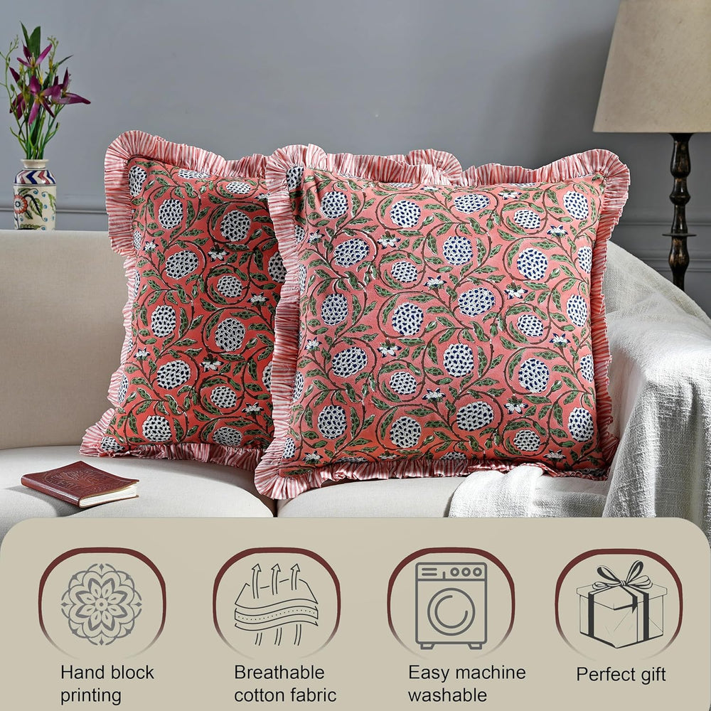 Ridhi Dark Salmon Pink Block Print Ruffle Pillow Covers 16x16 Inch Set of 2