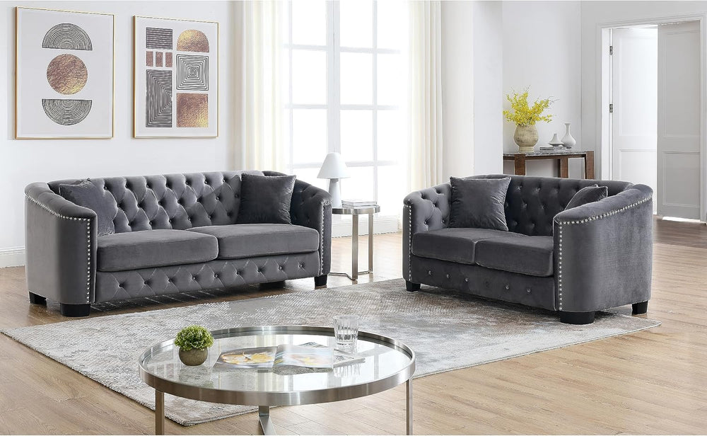2 Piece Modern Chesterfield Velvet 77" 3-Seater+59" Loveseat Sofa S...