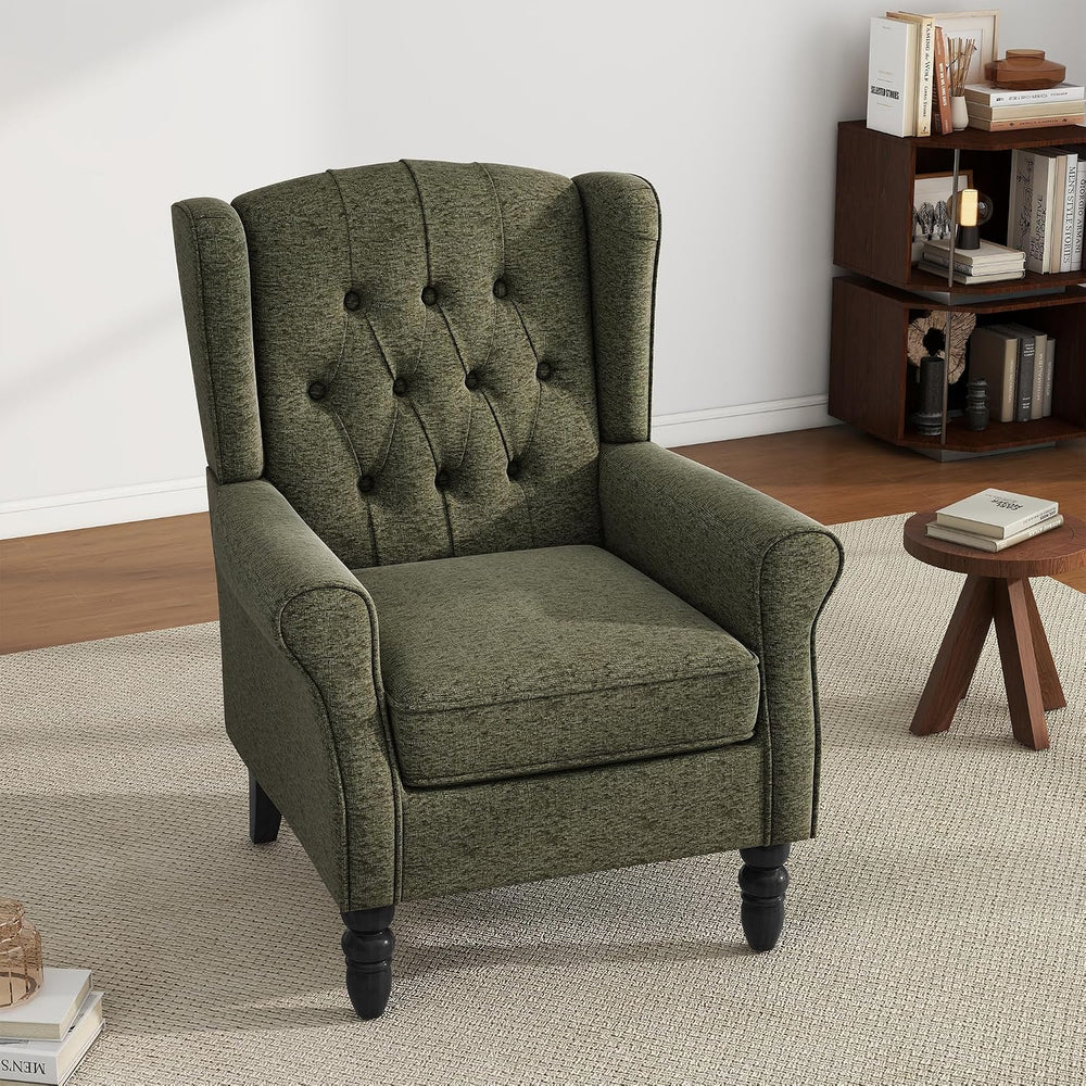 High Back Accent Chair, Fabric Upholstered Wingback Armchair, Green