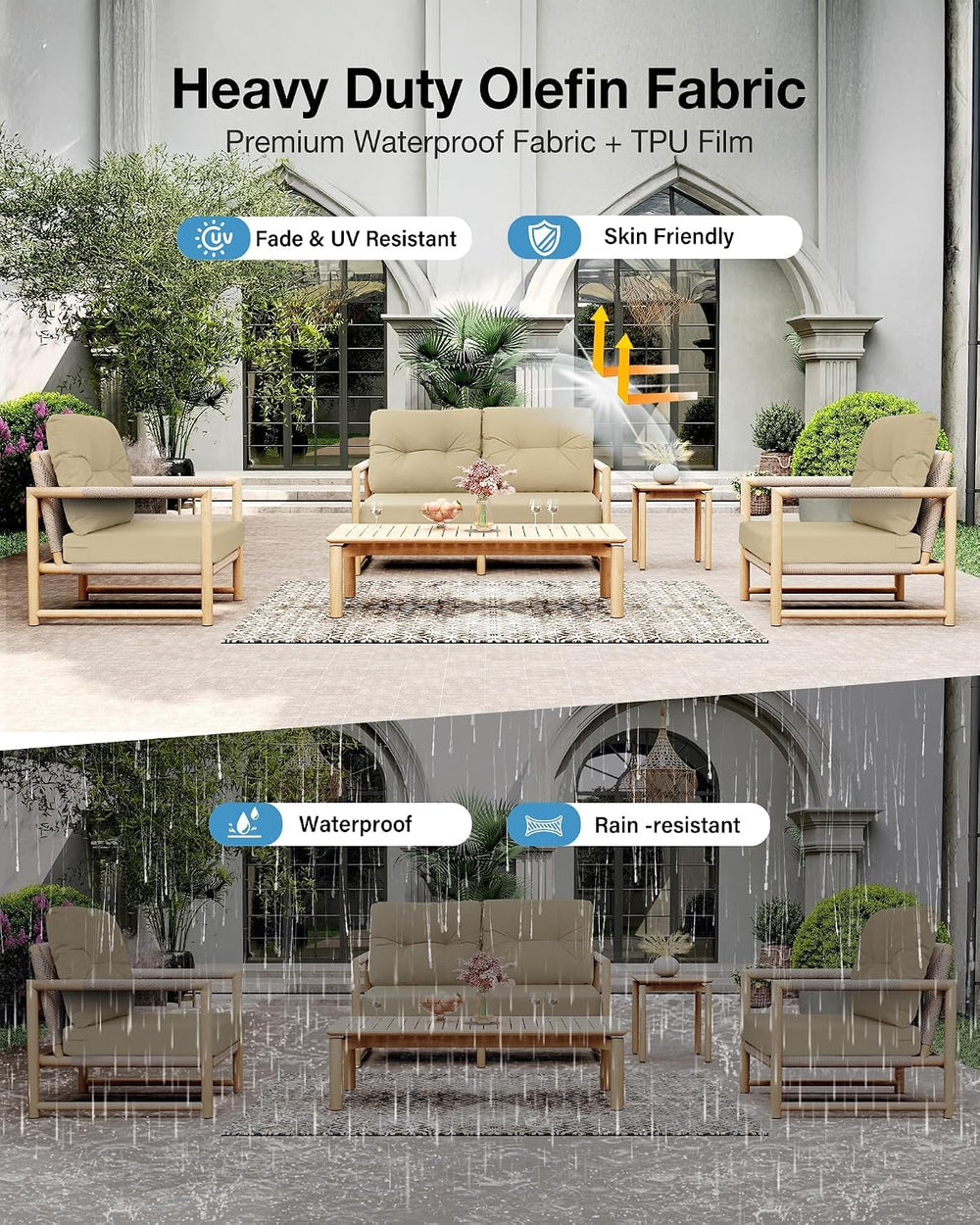 YEFU 24x24 Outdoor Chair Cushions, Deep Seat Patio Cushions Set of 4, Beige