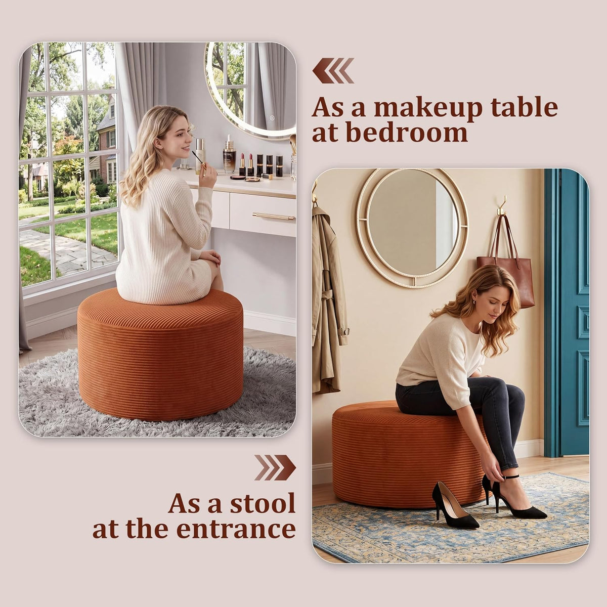 BSHOMGI Round Ottoman,Corduroy Ottomans Foot Stool, 27.5" Pouf Footstool Ottomans Seat, Round Footrest, Modern Side Table for Living Room Bedroom Home Decor No Assembly Require (Orange, 32")