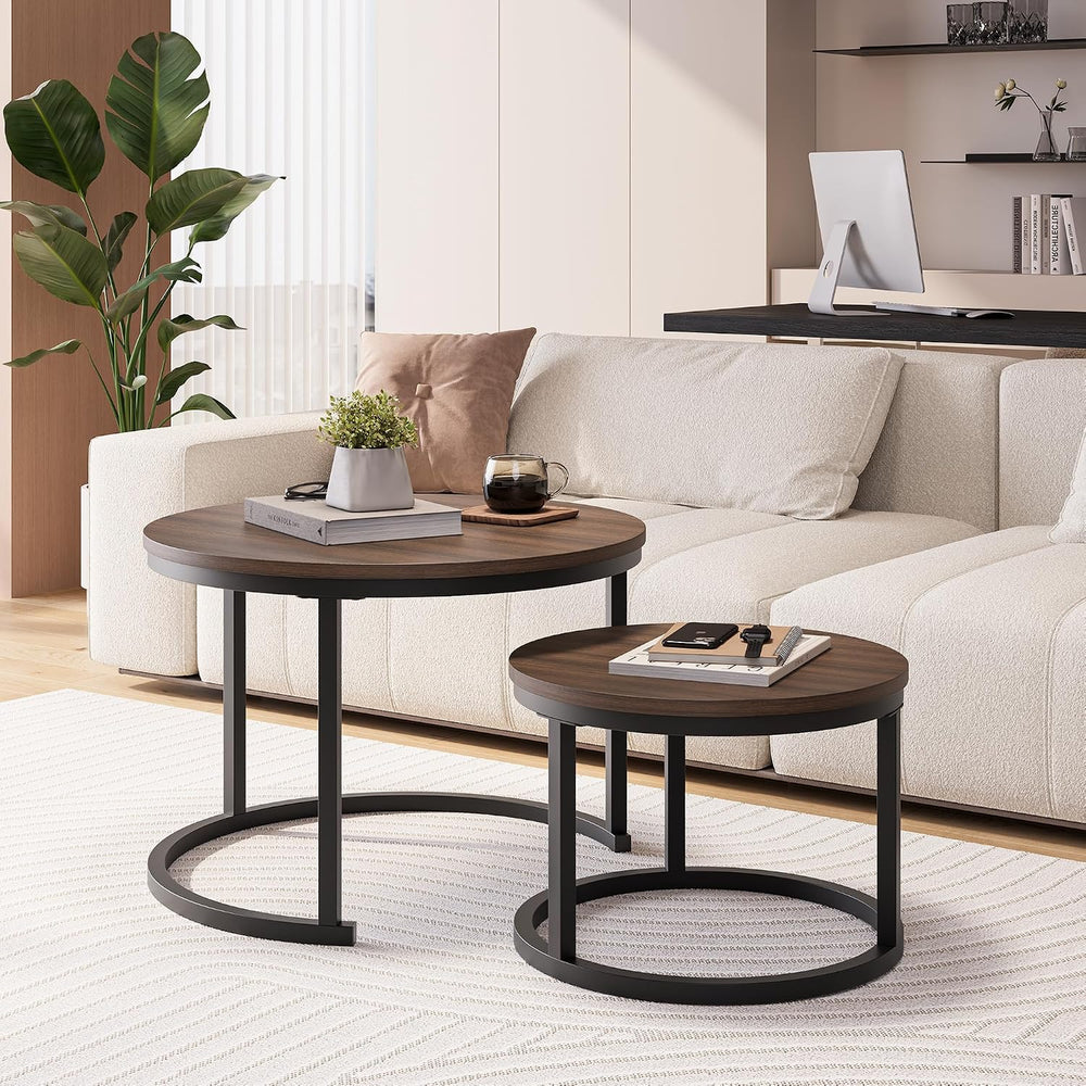 HOJINLINERO Round Nesting Coffee Table Set of 2,Walnut Coffee Table,Large