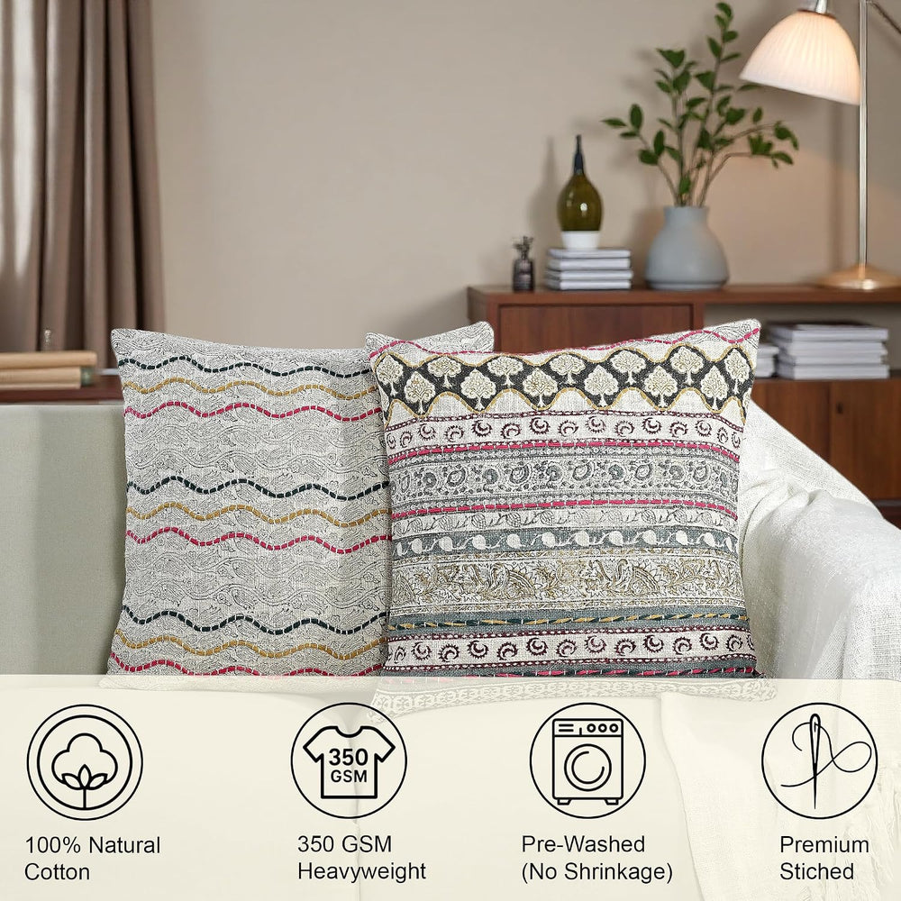 Ridhi Grey Hand Block Print Throw Pillow Cover 18x18 Inch Set of 2