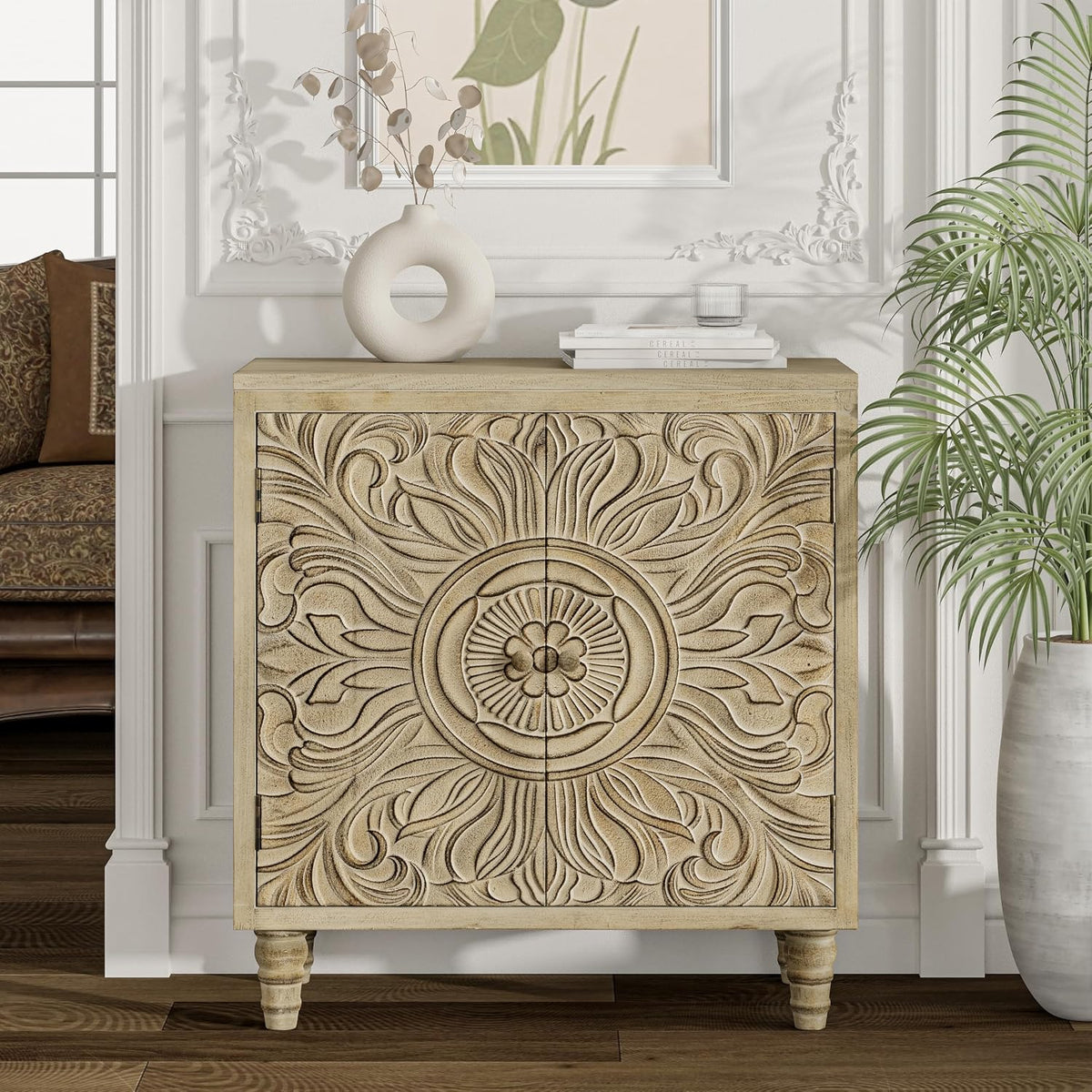 COZAYH Distressed Storage Cabinet with Carved Flower, Weathered White