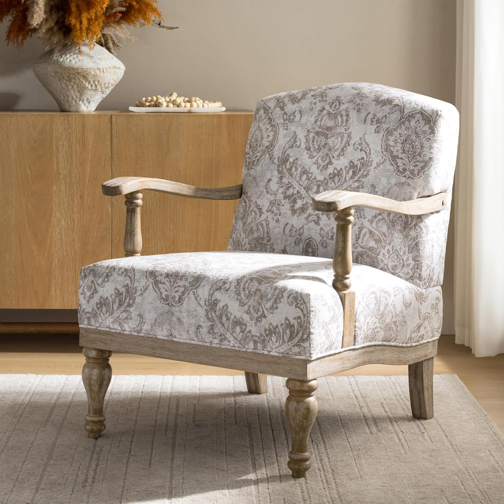 HULALA HOME Floral Accent Chair with Solid Wood Frame, Beige