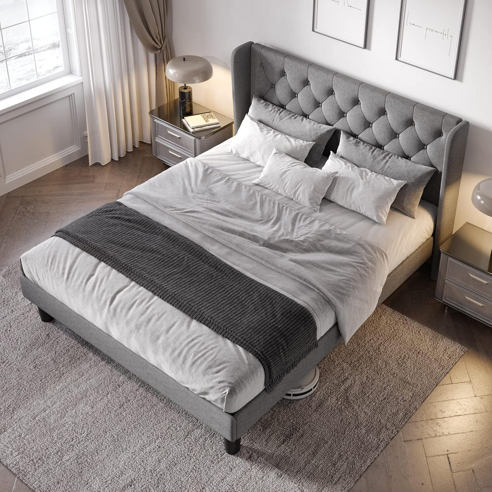 Allewie Full Bed Frame with Button Tufted Wingback Headboard, Light Grey