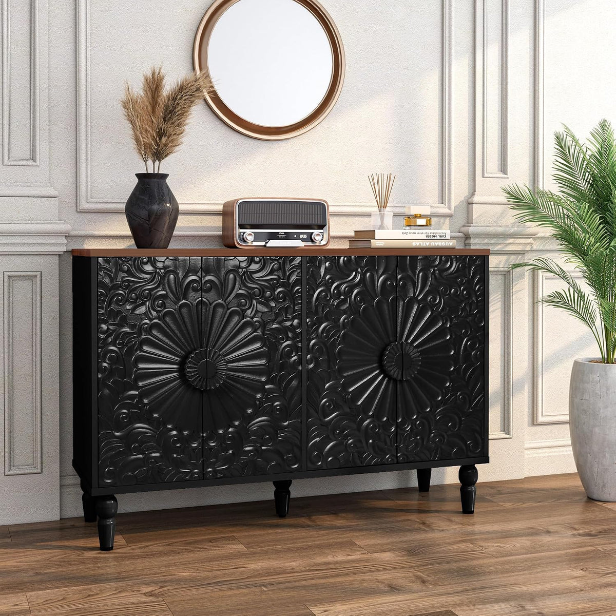 Sideboard Buffet Cabinet with 4 Carved Flower Doors, Black