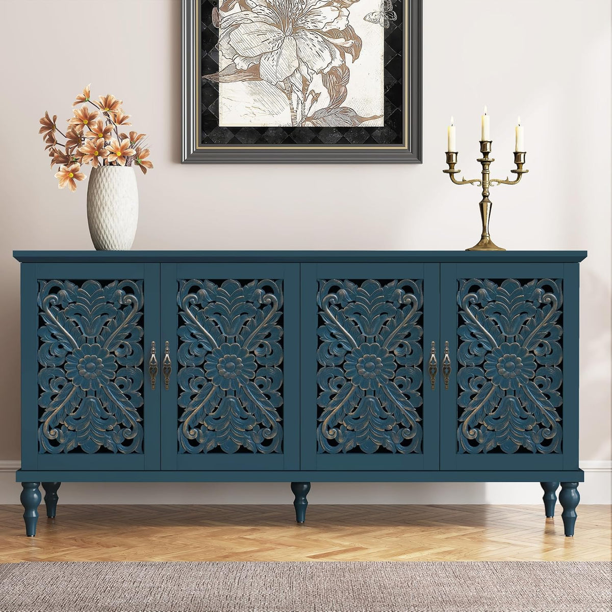 ARTPOWER 61.8" Hollow Carved Accent Cabinet with 4 Doors for Living Room