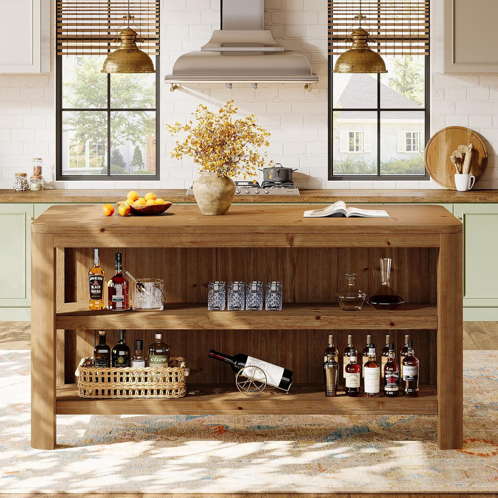 63" Solid Wood Kitchen Island, Kitchen Table with Storage Shelves