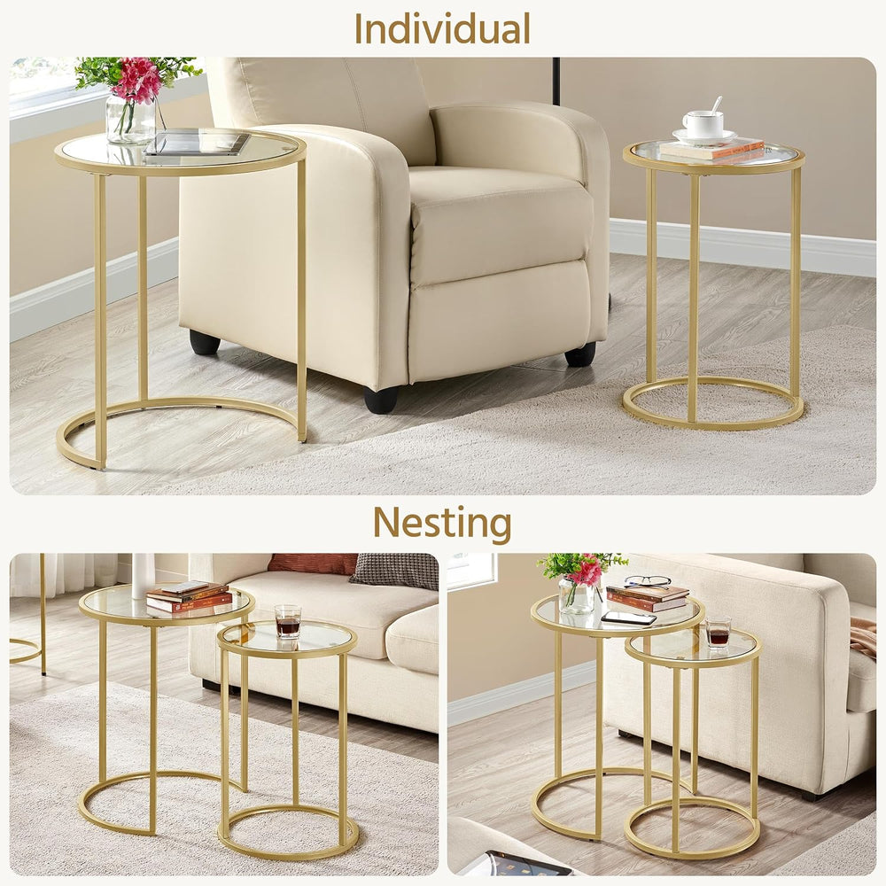 Yaheetech Round Nesting Side Table Set of 2, Gold Metal Frame and Glass Top