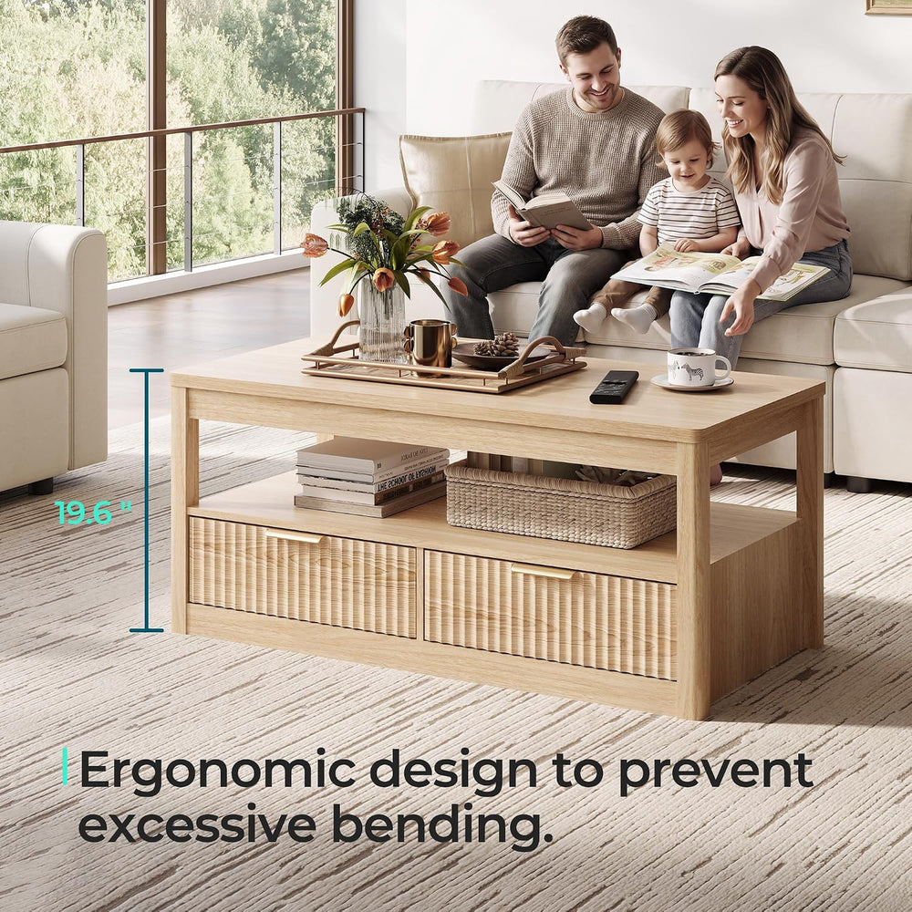 LINSY Home Farmhouse Coffee Table with Hidden Storage, Oak | Wood Coffee Tabl...